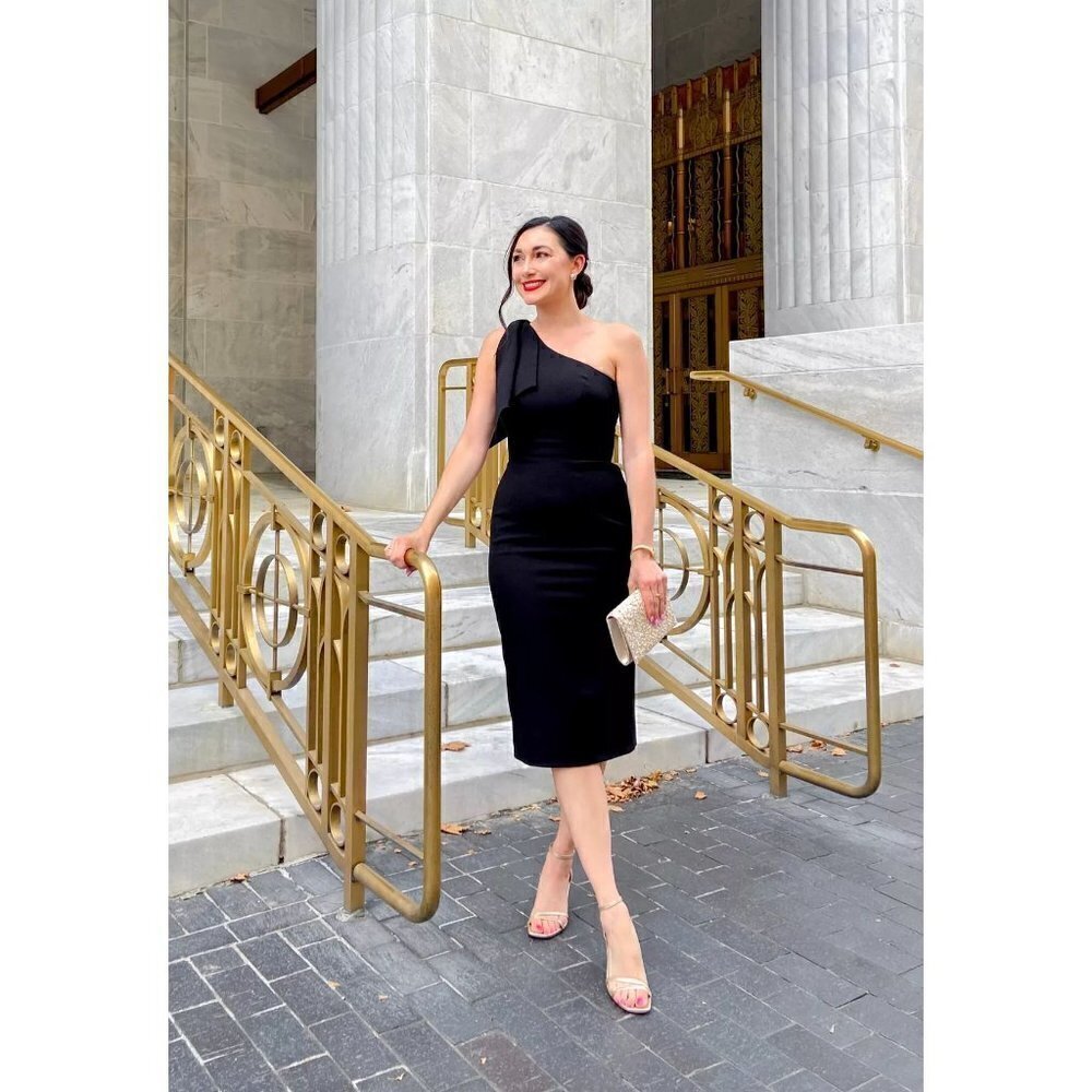 DRESS THE POPULATION Tiffany One-Shoulder Midi Dress in Black Size Small
